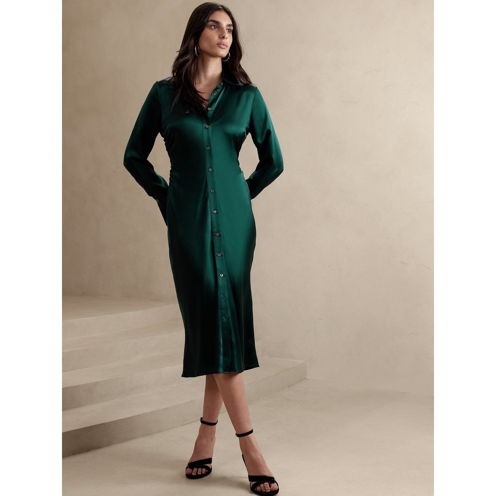 Banana Republic Enchant Silk Shirtdress Emerald Green Satin Midi Dress Small